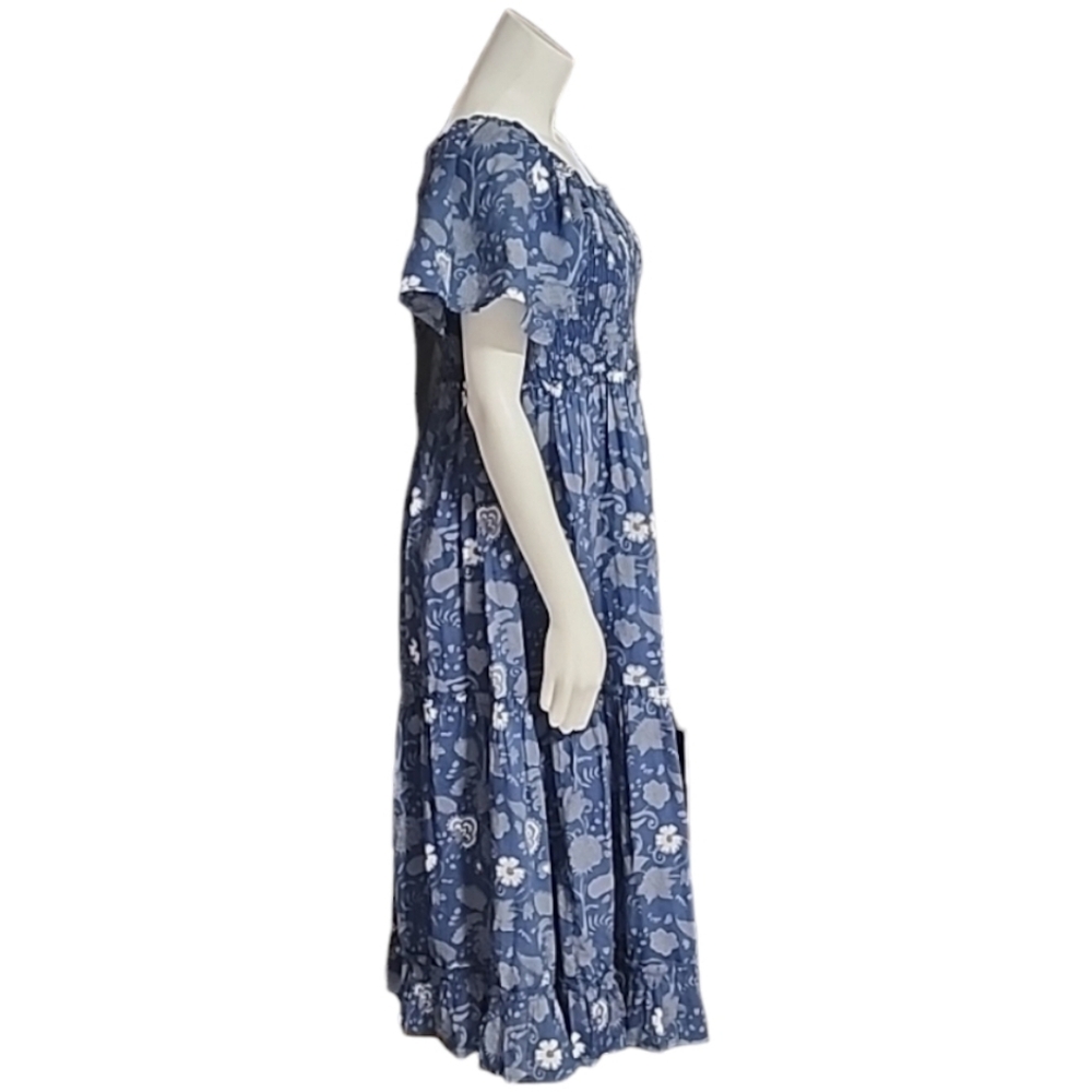 GRACE HOLIDAY Blue Chambray Floral Smocked Midi Dress L Tiered Boho Cottagecore - Picture 13 of 16
